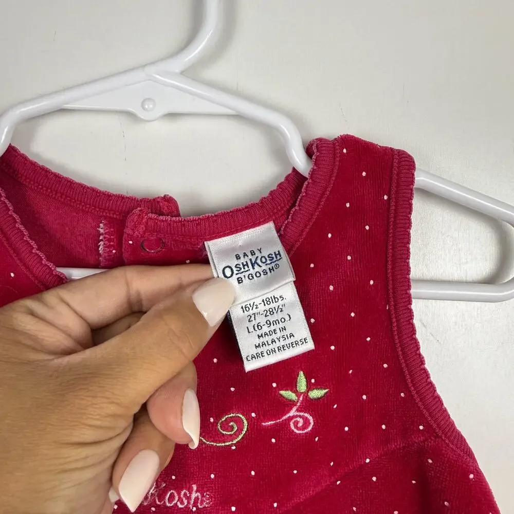 Vtg 90s OshKosh B'Gosh Velvet Jumpsuit Polka Dot Heart Pink - 6-9 Months